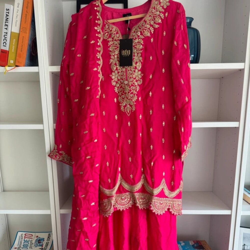 Indya Luxe Fuchsia Pink Zari Sharara Set With Embellished Kurta & Dupatta - New